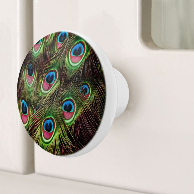 konst deco teal grönt turcoise peacock knopp (art deco teal green turquoise peacock feather ceramic knob)