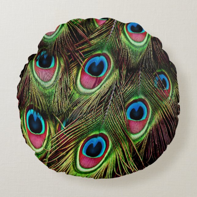 konst deco teal grönt turcoise peacock rund kudde (Framsidan)