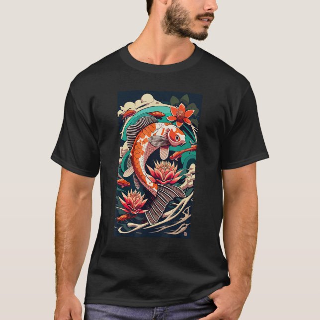 Konst Estetisk Koi Fisk Grafisk Design Samuraj Jap T Shirt (Framsida)