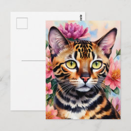 Konst för Blommigt av bengal Cat Watercolor Vykort