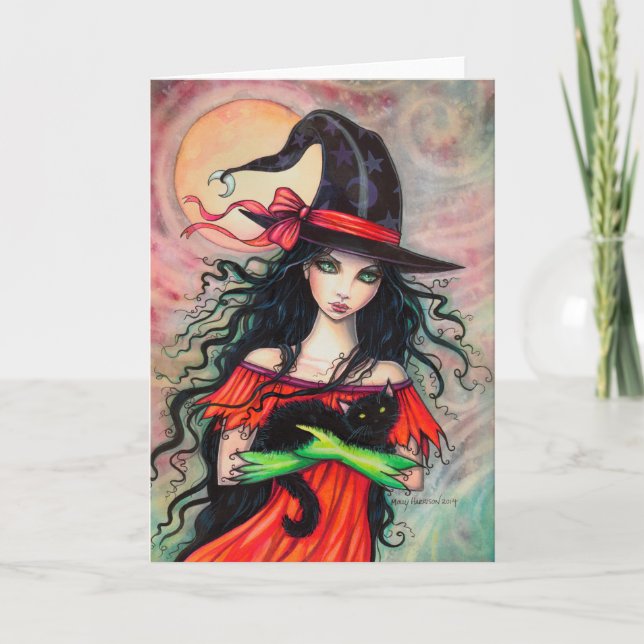 Konst för Halloween häxa- och svartkattfantasi Kort (Framsida)