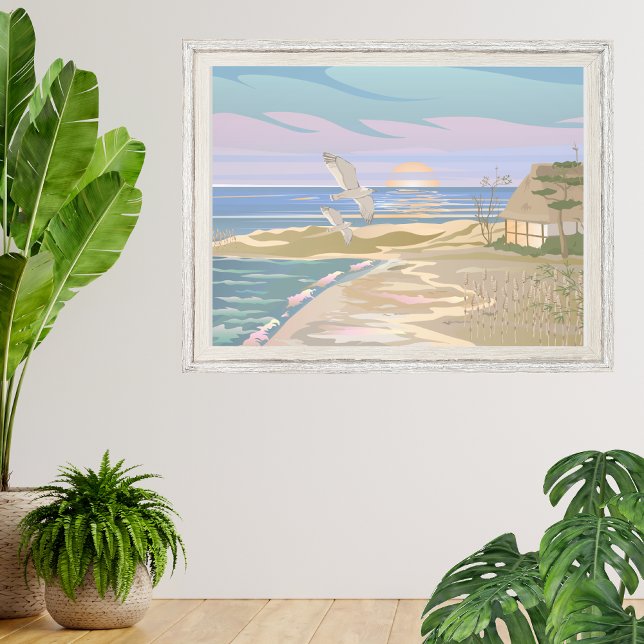 Konst för havets kuststrutsstrand fototryck (Pastel Coastal Beach House Art Photo Print)