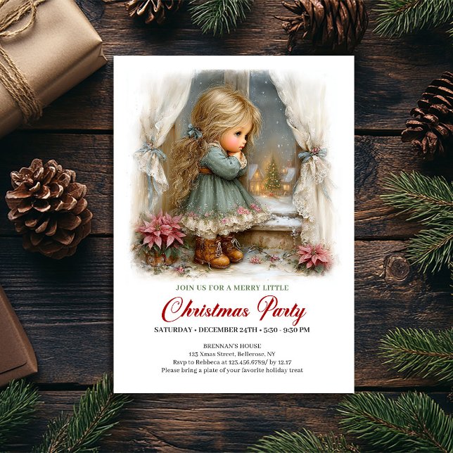 Konst för inbjudan till högtidsmiddag söt flicka v (Holiday Dinner Invite Cute Girl Winter Scene Art)