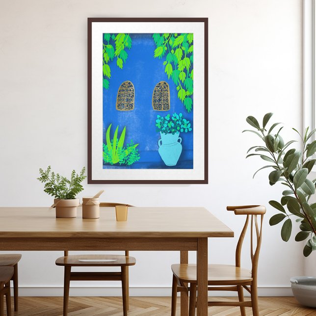 Konst för marockanska trädgårdsbågar poster (Morocco Garden Blue Walls Plants Art Poster Majorelle Jardin Watercolor)