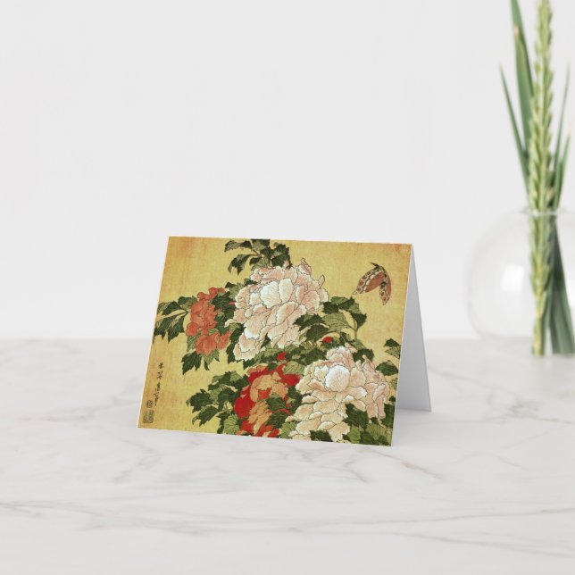 Konst för pion- & fjärilsHokusai japan Kort (Framsida)