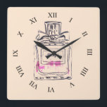 Konst för pop för illustration för fyrkantig klocka<br><div class="desc">En stilfull illustration för mode tar tid på från ett original- konstverk av konstnären Sacha Grossel av en rosa flaska för parfymvintageparfym. Denna akvarellillustration av en lyx brännmärker parfym är i popkonststil, och bakgrundsfärgen är customisable.</div>