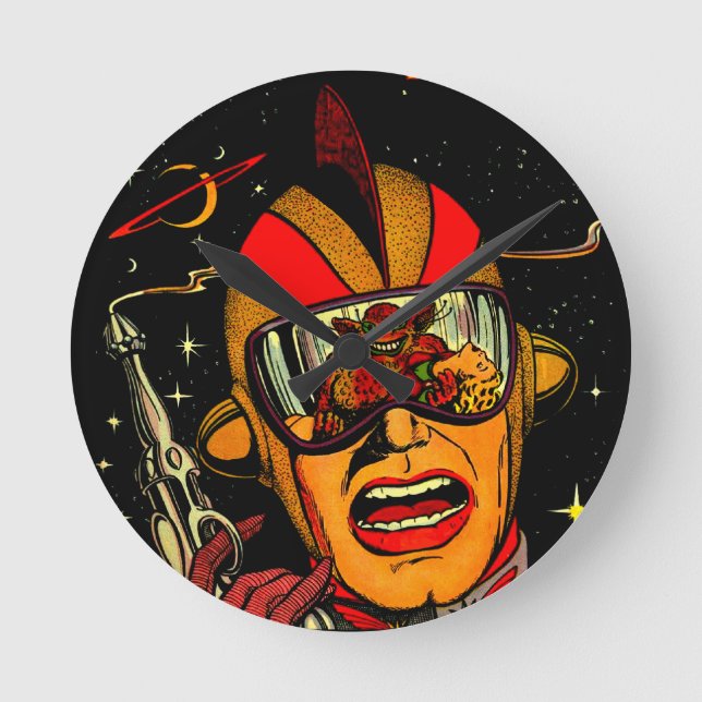 Konst för tecknad för SpacemanSci-Fi astronaut Rund Klocka (Framsida)