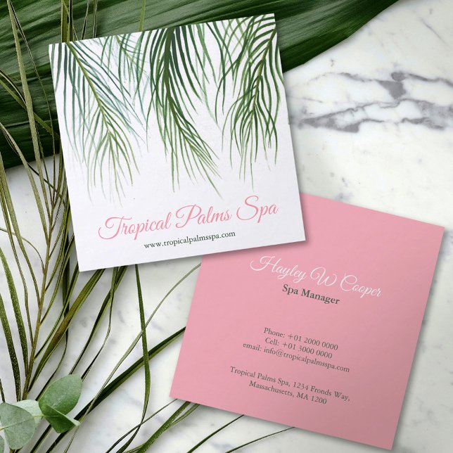 Konst för tropisk handflatan mörk grönt och rosa v fyrkantigt visitkort (Skapare uppladdad)
