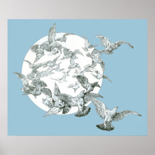 Konst från Art Nouveau med flock fåglar och fullmå Poster