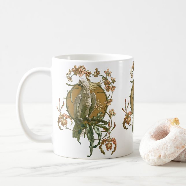 Konst från jugendstilen med kakaduafågel och orkid kaffemugg (Med munk)