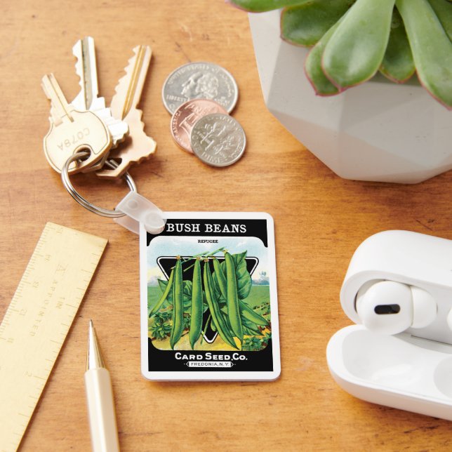 Konst från vintage fröpaket, buskbönor grönsaker nyckelring (Skrivbord)