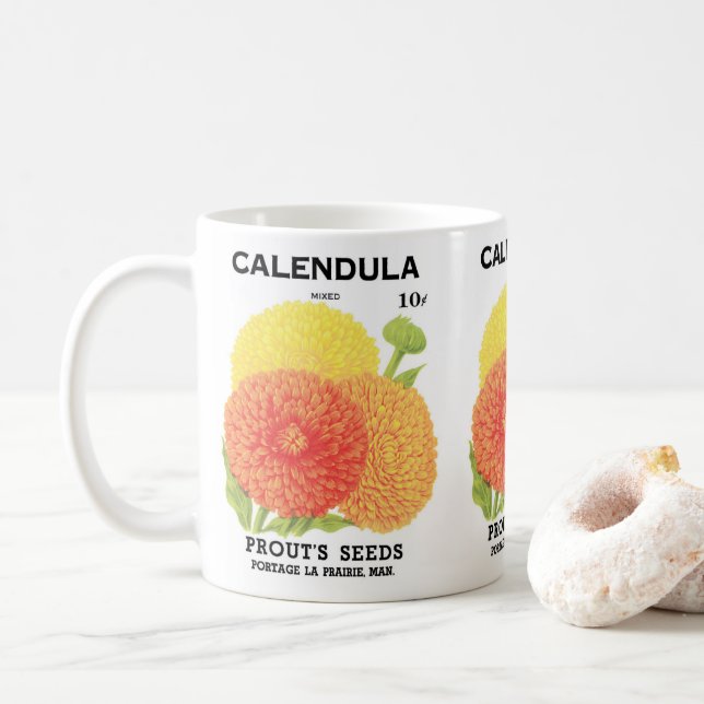 Konst från vintage fröpaketsetiketter, Calendula b Kaffemugg (Med munk)