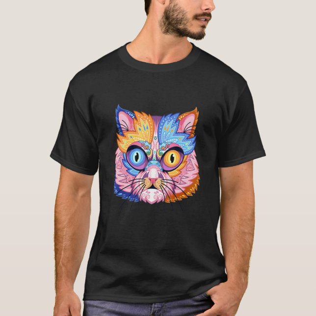 Konst Mandala Mönster Katt Färg T Shirt (Framsida)