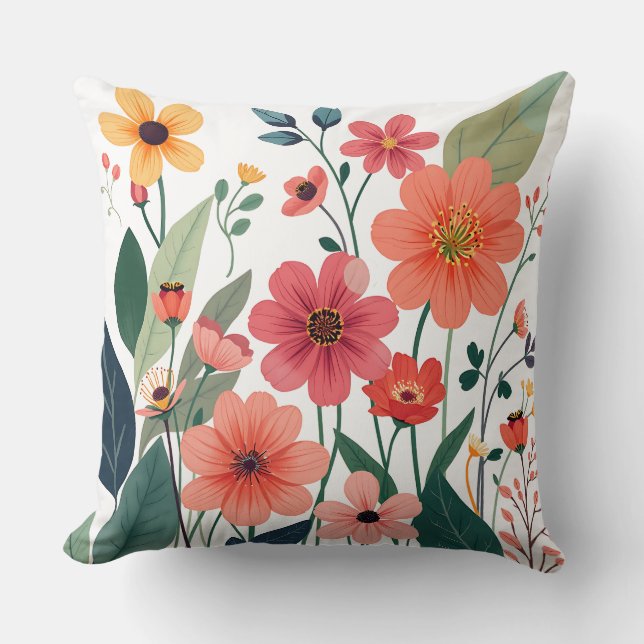 Konst med botaniskt blommande färgglatt blommönste kudde (Framsida)