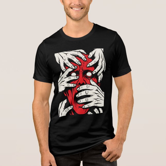 Konst med händer som täcker ansiktet skräck röd de t shirt (Framsida)