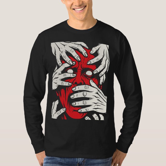 Konst med händer som täcker ansiktet skräck röd de t shirt (Framsida)
