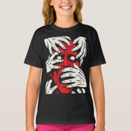 Konst med händer som täcker ansiktet skräck röd de t shirt
