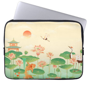 Konst med japansk trädgård Karpdamm och näckrosor Laptop Fodral
