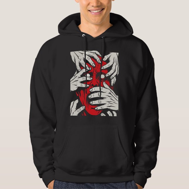 Konst med röda demoner som täcker ansiktet med hän hoodie (Framsida)