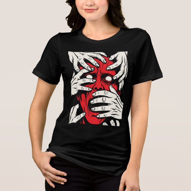 Konst med röda demoner som täcker ansiktet med hän t shirt (Framsida)