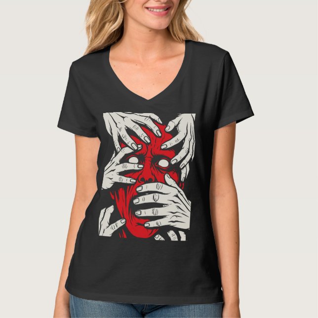 Konst med röda demoner som täcker ansiktet med hän t shirt (Framsida)