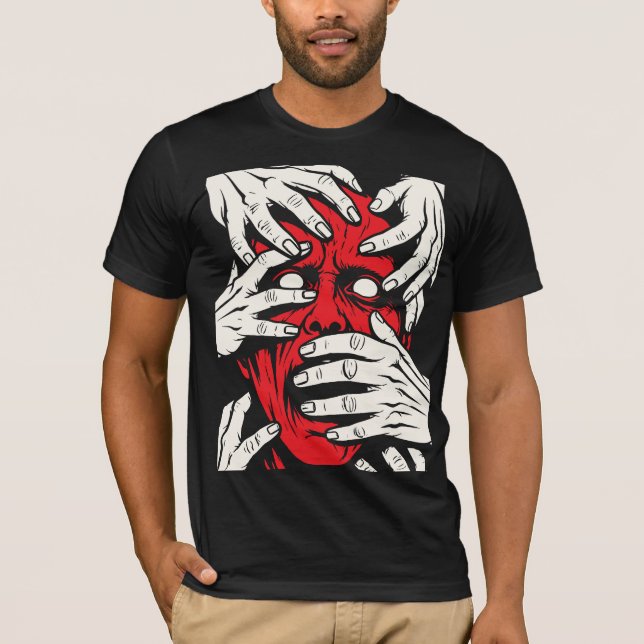 Konst med röda demoner som täcker ansiktet med hän t shirt (Framsida)