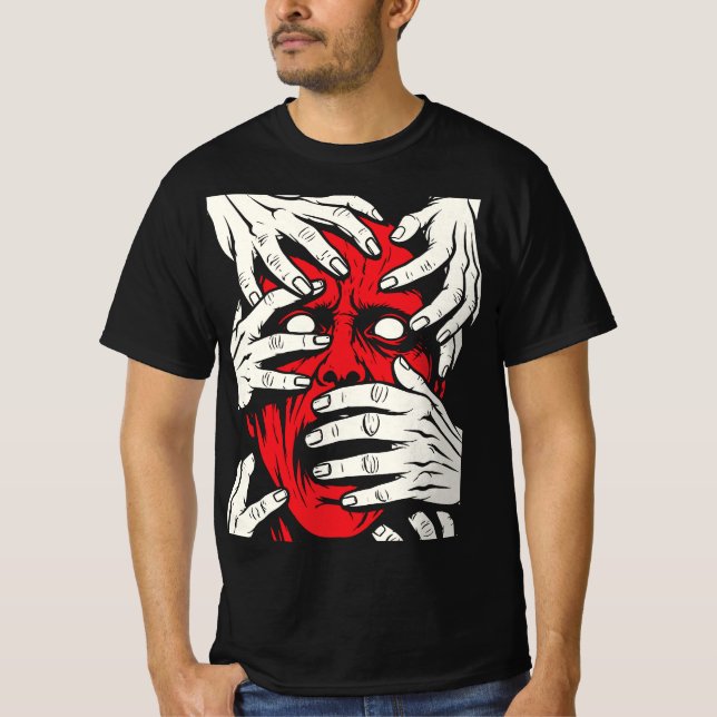 Konst med röda demoner som täcker ansiktet med hän t shirt (Framsida)