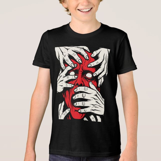 Konst med röda demoner som täcker ansiktet med hän t shirt (Framsida)