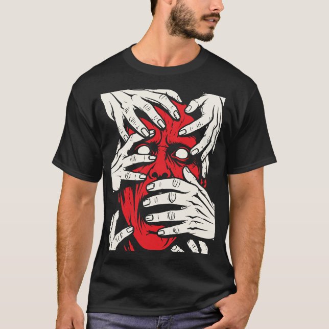 Konst med röda demoner som täcker ansiktet med hän t shirt (Framsida)