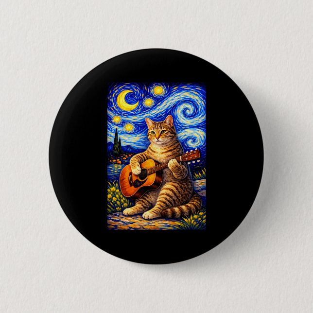Konst Tabby Katt Spelar Gitarr Whimsical Knapp (Framsida)