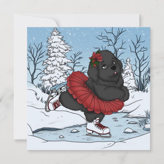 Konståkning Newfoundland Valp Vinter Värld Julkort (Framsida)