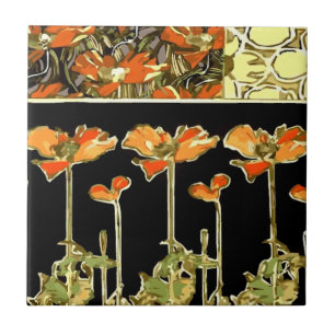 Konstdekoratif (orange blommor) Alphonse Mucha Til Kakelplatta