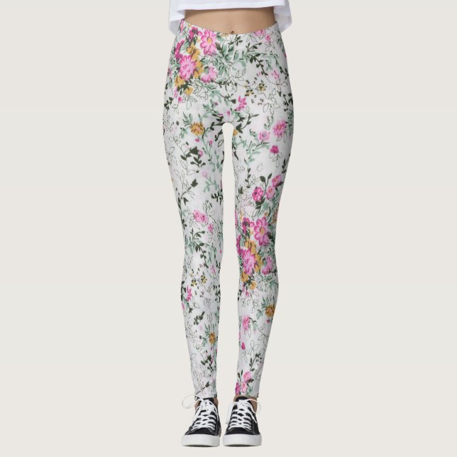 Konstdesign för rosa och grönt blommigt leggings (Framsida)