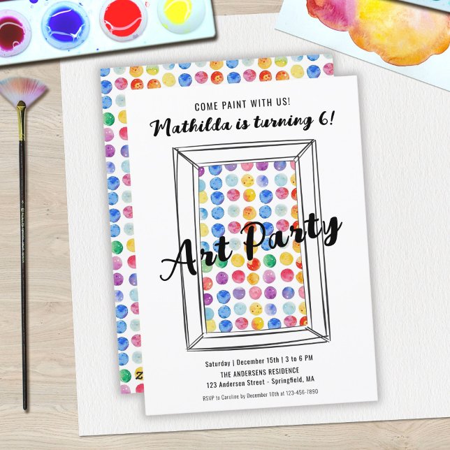 Konstfest Regnbåge Prickar Födelsedag Inbjudningar (Art Party Rainbow Polka Dots Birthday Bash Invitation)