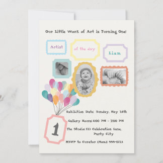 Konstgalleri tema - Pastell 1-års födelsedagsfoto Inbjudningar