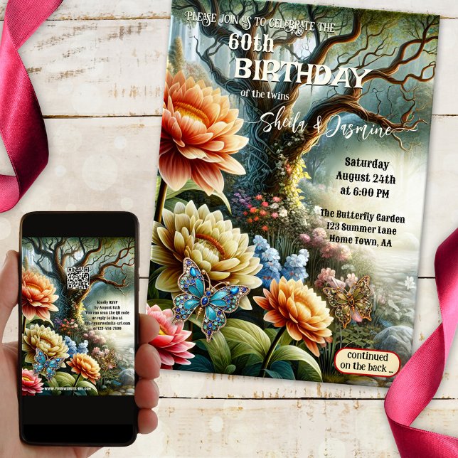 Konstgjord bohemisk Blommigt Twin Garden Birthday Inbjudningar (Boho adult birthday party invitation featuring an artistic garden design with colorful flowers)