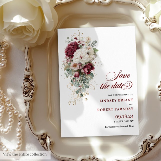 Konstgjord Boho Burgundy White sparar datumkortet Inbjudningar (Artistic Boho Burgundy White Save The Date Card)