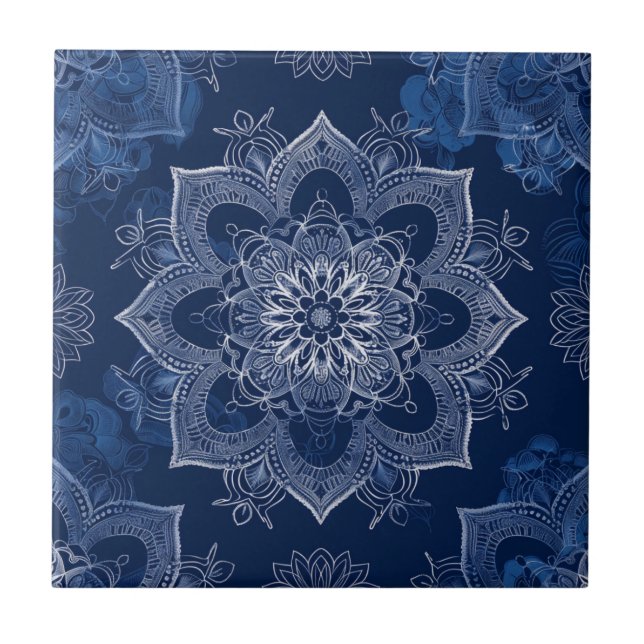 Konstgjord Boho Navy Blue Mandala Kakelplatta (Framsidan)