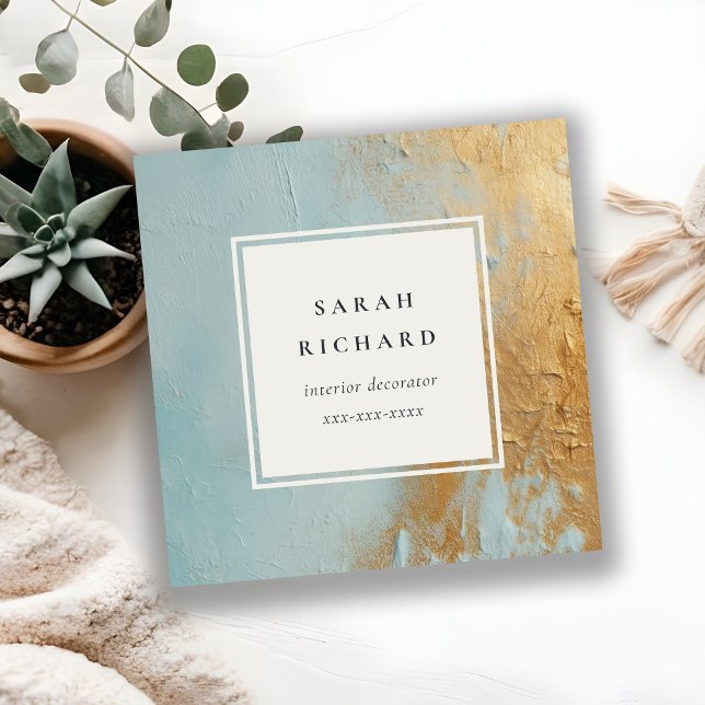 Konstgjord Dusky Aqua Blue Guld Oil Paint Struktur Fyrkantigt Visitkort (Skapare uppladdad)
