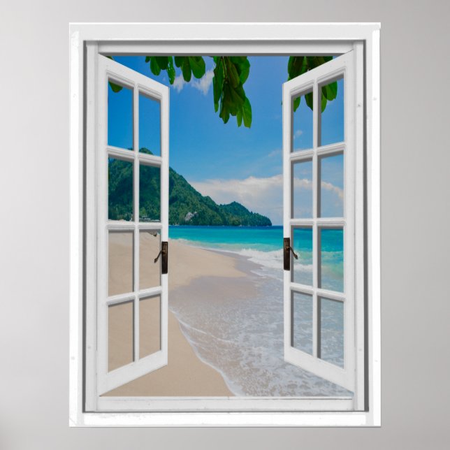 Konstgjord fönstervy för Tropical Beach Poster (Framsidan)
