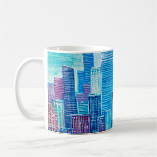 Konstgjord målning av skyscraper. Abstrakt stil. Kaffemugg