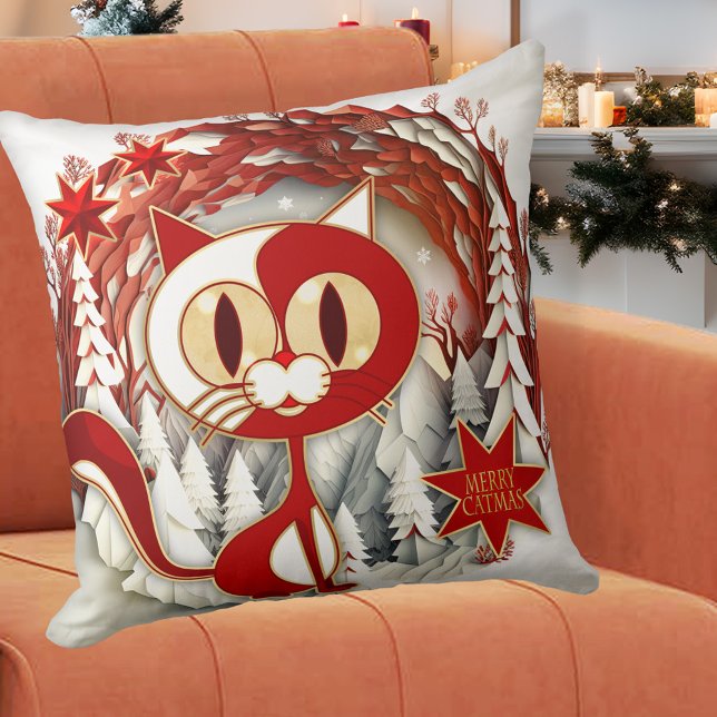 Konstgjord Merry Catmas Kattunge-julklapp Kudde (A whimsical Christmas pillow featuring a cute kitty on a Christmas wreath with festive red stars)
