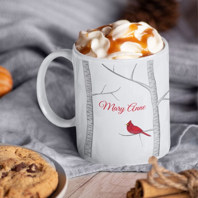 Konstgjord rödfågelvinter Träd Rustic Woodland Kaffemugg (Christmas holiday winter red cardinal custom mug)