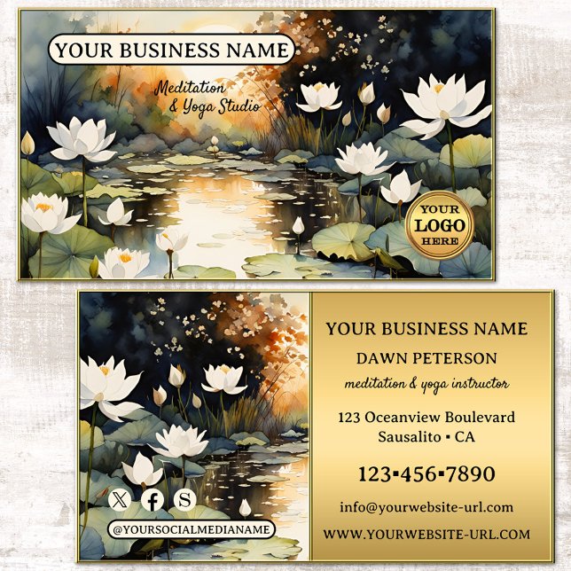 Konstgjord vattenfärg Lotus Meditation Yoga Visitkort (Meditation yoga business card featuring watercolor lotus flowers with gold - logo - social media)