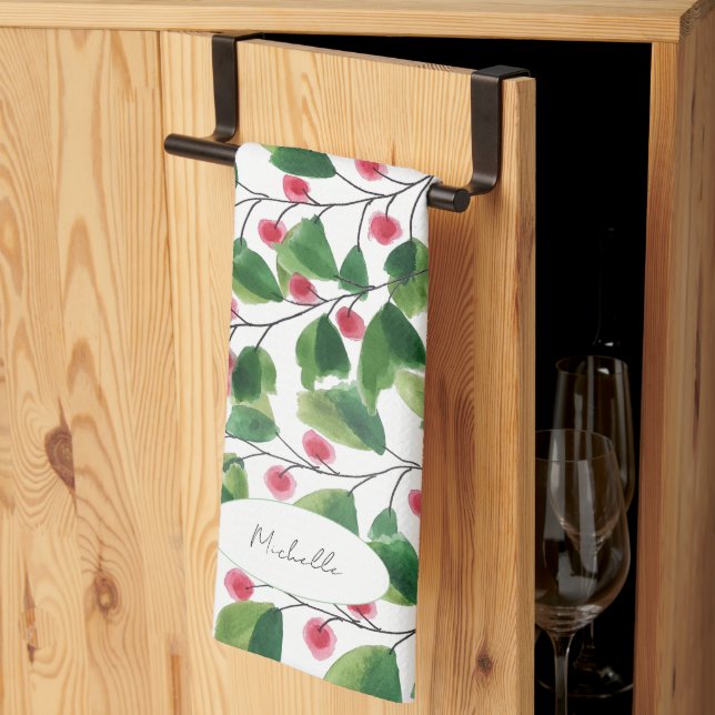 Konstgjord vattenfärg Röd och Grönt Berry Grenar Kökshandduk (Thirds Fold)