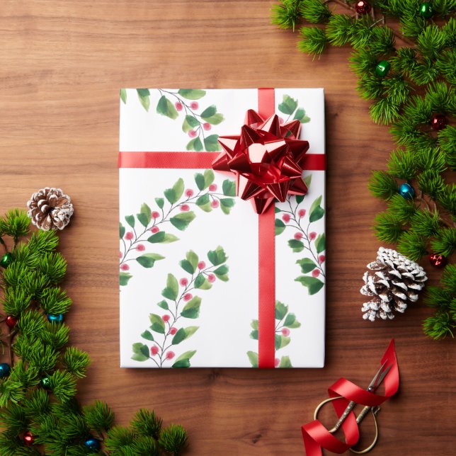 Konstgjord vattenfärg Röd och Grönt Berry Grenar Presentpapper (Julgåva)