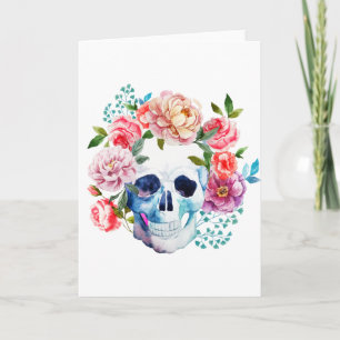 Konstgjord vattenfärg, skalle och blommor kort