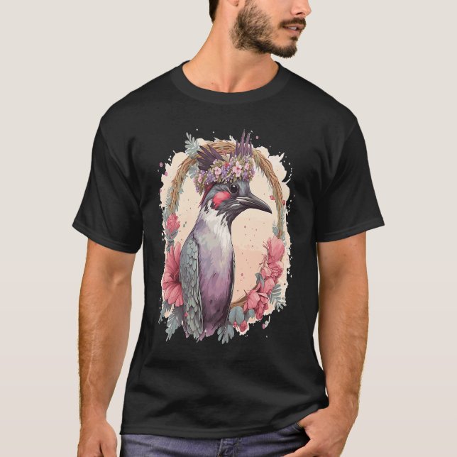 Konstgjord vattenfärg Woodpecker Bird Flower Krona T Shirt (Framsida)