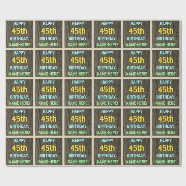 Konstgjort trä, målad text, 45-årsdag + namn presentpapper (Platt)