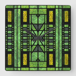 Konstglas Art Deco i grönt och guld Fyrkantig Klocka
